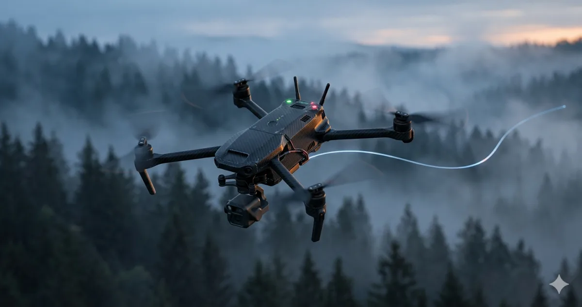 Fiber optic tethered drone with ultra-thin optical fiber spool providing jam-proof HD video and control link over 5 to 20 kilometers for military and industrial surveillance applications