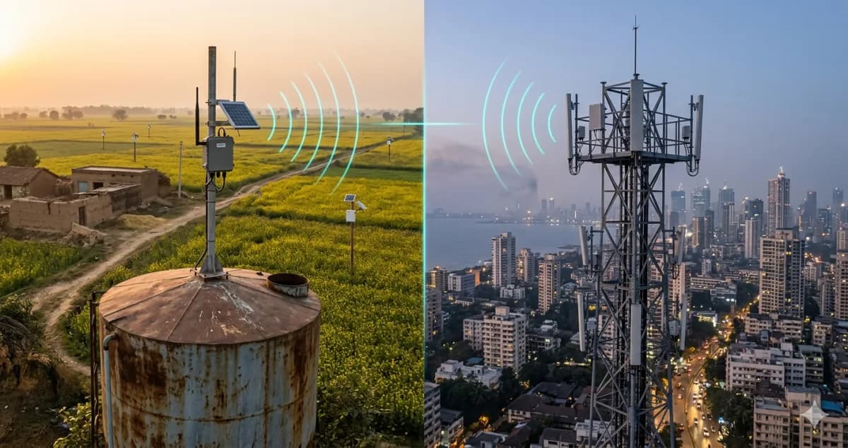 Side-by-side comparison of LoRaWAN unlicensed sub-GHz LPWAN network architecture versus NB-IoT licensed cellular narrowband IoT for industrial and smart city deployments in 2026