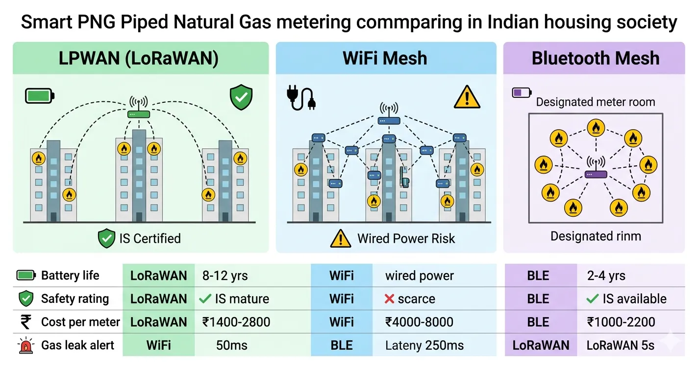 Comparison of LPWAN LoRaWAN vs WiFi mesh vs Bluetooth mesh network architectures for converting PNG piped natural gas meters into smart meters at residential society scale in India